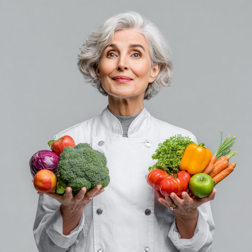 Щаслива літня жінка готує здорову їжу